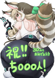 Rule 34 | 00mainos, absurdres, animal ears, back, breasts, cat ears, cat girl, cat tail, elbow gloves, extra ears, gloves, green eyes, grey hair, highres, japari symbol, jungle cat (kemono friends), kemono friends, kemono friends v project, large breasts, long hair, looking at viewer, motor vehicle, motorcycle, pants, ribbon, tail, tank top, translation request, virtual youtuber