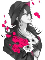 Rule 34 | 1girl, absurdres, black eyes, black hair, black hat, black jacket, black tube top, boutonniere, breasts, chinese commentary, cleavage, commentary, deren (path to nowhere), earrings, falling petals, flower, from side, hair between eyes, hat, heart, heart earrings, heart necklace, highres, hoop earrings, jacket, jewelry, linea alba, long hair, looking ahead, miaotae, necklace, open clothes, open jacket, path to nowhere, petals, red flower, red petals, red rose, rose, rose petals, simple background, small breasts, smile, solo, spot color, strapless, tube top, two-sided fabric, two-sided headwear, upper body, white background