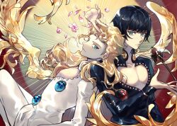 Rule 34 | 2boys, arrow (projectile), black hair, black shirt, blonde hair, blue eyes, blue gemstone, bruno bucciarati, cherry blossoms, cleavage cutout, closed mouth, clothing cutout, collared shirt, commentary request, curly hair, emphasis lines, feathered wings, feet out of frame, flower, gem, giorno giovanna, gleam, glowing, hand on own head, heart cutout, high collar, highres, jojo no kimyou na bouken, light frown, light particles, lips, long hair, long sleeves, looking at viewer, male focus, multiple boys, object floating above hand, pants, pectoral cleavage, pectorals, petals, pink flower, red background, red gemstone, shirt, short hair, tiyi (tiyi a09), upper body, v, vento aureo, very long hair, white pants, white shirt, wing print, wings, yellow wings