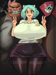 Rule 34 | 1boy, 1girl, animal ears, blue hair, breasts, cat ears, cat girl, cigarette, curvy, gerph, huge breasts, impregnation, nicole watterson, pantyhose, personification, red eyes, richard watterson, shirt, skirt, smoking, tagme, the amazing world of gumball, thick thighs, thighband pantyhose, thighs, v, wide hips
