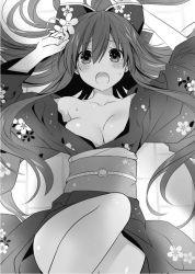 Rule 34 | 10s, 1girl, blush, breasts, cleavage, date a live, flower, from above, greyscale, hair between eyes, hair flower, hair ornament, japanese clothes, kimono, long hair, looking at viewer, lying, medium breasts, monochrome, novel illustration, obi, official art, on back, open mouth, sash, solo, sweatdrop, tsunako, very long hair, yatogami tooka, yukata
