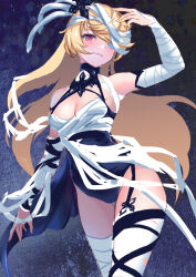 Rule 34 | 1girl, bandages, bare shoulders, black ribbon, blonde hair, blush, breasts, chuunibyou, cross hair ornament, eyepatch, fischl (ein immernachtstraum) (genshin impact), fischl (genshin impact), garter straps, genshin impact, gloves, hair ornament, hair over one eye, hair ribbon, halloween, kategurey, leotard, long hair, looking at viewer, medium breasts, mummy costume, red eyes, ribbon, simple background, single thighhigh, smile, solo, thighhighs, two side up