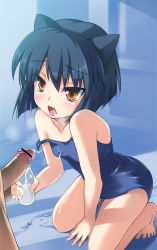 Rule 34 | 1girl, animal ears, aq interactive, arcana heart, atlus, bar censor, bare shoulders, barefoot, blush, bottle, breath, censored, clothed female nude male, cum, cum on body, cum on clothes, cum on upper body, daidouji kira, examu, feet, kneeling, milk bottle, nude, one-piece swimsuit, open mouth, penis, penis milking, safi, school swimsuit, sitting, solo focus, strap slip, swimsuit, toes, yellow eyes