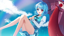 Rule 34 | &gt;:), 1girl, :p, blue eyes, blue hair, blue skirt, blue vest, blush, cloud, commentary, day, feet out of frame, heterochromia, highres, holding, holding umbrella, juliet sleeves, kisara keyy, knees together feet apart, long sleeves, looking at viewer, outdoors, parted bangs, puffy sleeves, purple umbrella, rain, rainbow, red eyes, shirt, short hair, skirt, solo, sparkle, tatara kogasa, thighs, tongue, tongue out, touhou, umbrella, v-shaped eyebrows, vest, water drop, wet, wet hair, white shirt