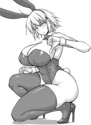 Rule 34 | 1girl, ahoge, animal ears, blush, breasts, cleavage, detached collar, fake animal ears, fake tail, fate/grand order, fate (series), greyscale, hair between eyes, high heels, highres, jeanne d&#039;arc (fate), jeanne d&#039;arc alter (avenger) (fate), jeanne d&#039;arc alter (fate), kneeling, large breasts, leotard, monochrome, nia (0122), playboy bunny, short hair, solo, tail, thighhighs, thumbs down, wrist cuffs