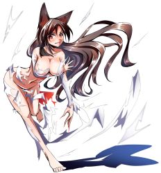 Rule 34 | 1girl, animal ears, areola slip, barefoot, breast hold, breasts, brown hair, cleavage, collarbone, exploding clothes, fingernails, hip focus, imaizumi kagerou, large breasts, leaning forward, long fingernails, long hair, nagase taii, navel, nipples, nude, thigh gap, touhou, very long hair, wolf ears