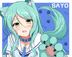 Rule 34 | 1girl, animal ear fluff, animal ears, animal hands, bang dream!, blue background, blue collar, blush, character name, collar, collarbone, commentary request, dog ears, dog girl, dog tail, fang, gloves, green eyes, green gloves, green hair, hair between eyes, hikawa sayo, kemonomimi mode, leash, long hair, looking at viewer, open mouth, parted bangs, paw gloves, sailor collar, shirt, short sleeves, solo, sonosakiburi, tail, two-tone background, white background, white sailor collar, white shirt