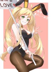 Rule 34 | 1girl, absurdres, alternate costume, animal ears, azur lane, black leotard, blonde hair, blush, bow, bowtie, breasts, bunny day, detached collar, fake animal ears, fake tail, green eyes, highres, hornet (azur lane), karla (kimidori3), large breasts, leotard, long hair, pantyhose, playboy bunny, rabbit ears, rabbit tail, sign, smile, solo, strapless, strapless leotard, tail, twintails, wrist cuffs