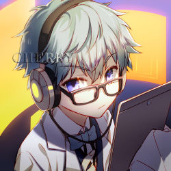 Rule 34 | 10s, 1boy, blue eyes, blue hair, cherry (10013717), closed mouth, earphones, fate/extra, fate/extra ccc, fate/grand order, fate (series), glasses, hans christian andersen (fate), holding, lab coat, looking at viewer, male focus, solo