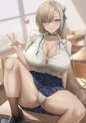 Rule 34 | 1girl, abp art, asuna (blue archive), black choker, black footwear, blonde hair, blue archive, blue eyes, blue skirt, blurry, blurry background, blush, breasts, brown socks, choker, cleavage, collarbone, collared shirt, commentary, desk, english commentary, hand up, heart, highres, indoors, large breasts, long hair, looking at viewer, on desk, panties, parted lips, partially visible vulva, patreon username, pleated skirt, school uniform, shirt, shirt tucked in, sitting, on desk, skirt, smile, socks, solo, teeth, thighs, underwear, v, white panties, white shirt