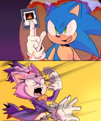 Rule 34 | 1boy, 1girl, animal nose, blaze the cat, card, constricted pupils, energy barrier, fangs, furry, furry female, furry male, gloves, green eyes, highres, holding, holding card, open mouth, parody, scene reference, screaming, smile, sonic (series), sonic the hedgehog, sonic the hedgehog (classic), sonic the hedgehog 3, stellarspin, white gloves, yu-gi-oh!, yu-gi-oh! duel monsters