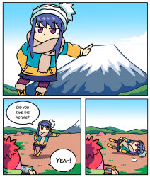 Rule 34 | 2girls, beanie, blue hair, boots, coat, comic, commentary, day, english commentary, english text, fallen down, forced perspective, fur-trimmed boots, fur trim, hat, jitome, kagamihara nadeshiko, leaning to the side, long sleeves, mount fuji, multiple girls, no mouth, outdoors, pantyhose, phone, purple eyes, scarf, setz, shima rin, tent, yurucamp