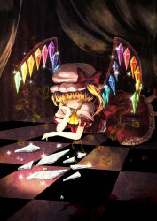 Rule 34 | 1girl, ascot, blonde hair, blood, blood splatter, bow, broken glass, bug, butterfly, cat, checkered floor, colored eyelashes, curtains, embodiment of scarlet devil, closed eyes, female focus, flandre scarlet, floor, glass, hat, hat bow, head rest, horse, imagining, insect, kinokobatake, large bow, lying, on floor, on stomach, red eyes, short hair, side ponytail, smile, solo, sparkle, squirrel, star (symbol), striped, touhou, wings