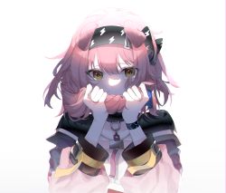 Rule 34 | 1girl, animal ears, arknights, black bow, black hairband, bow, braid, brown eyes, cat ears, collar, crying, crying with eyes open, goldenglow (arknights), hair bow, hairband, highres, holding, holding own hair, jacket, lightning bolt print, long hair, long sleeves, looking at viewer, open clothes, open jacket, pink jacket, shirt, simple background, single braid, solo, tears, upper body, white background, white shirt, yimiww