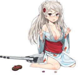 Rule 34 | 1girl, animal print, breasts, brown eyes, cleavage, collarbone, conte di cavour (kancolle), cotton candy, fish, fish print, full body, goldfish, goldfish print, japanese clothes, jiji (aardvark), kantai collection, kimono, large breasts, long hair, long sleeves, official alternate costume, official art, sandals, unworn sandals, silver hair, sitting, transparent background, turret, two side up, wariza, yukata