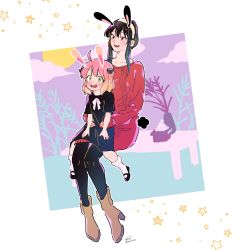 Rule 34 | 2girls, animal ears, anya (spy x family), awarinko, black dress, black footwear, black hair, black pantyhose, blush, brown footwear, child, collarbone, commentary request, dango, dress, earrings, fake animal ears, food, hairband, hairpods, highres, horn ornament, horns, jewelry, long sleeves, mary janes, mother and daughter, multiple girls, off-shoulder dress, off shoulder, open mouth, pantyhose, pink hair, rabbit ears, red dress, red eyes, shoes, signature, sitting, sitting on lap, sitting on person, socks, spy x family, star (symbol), sweater, sweater dress, tsukimi, tsukimi dango, twitter username, wagashi, white hairband, yor briar
