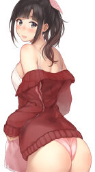 Rule 34 | 1girl, absurdres, ass, bare shoulders, black eyes, black hair, blunt bangs, blush, breasts, camisole, highres, jacket, long hair, looking at viewer, looking back, medium breasts, nijisanji, nose blush, off shoulder, official alternate costume, open clothes, open jacket, open mouth, panties, pink panties, red jacket, serizawa (serizawaroom), simple background, solo, suzuka utako, sweatdrop, track jacket, underwear, virtual youtuber, wedgie, white background, white camisole