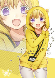 Rule 34 | 1girl, :d, animal ears, animal hood, blonde hair, blush, character name, clarinet (natsumi3230), commentary request, cowboy shot, denim, hamster ears, hood, hoodie, id card, jeans, kurata rine, lanyard, looking at viewer, name tag, open mouth, original, pants, purple eyes, purple shirt, seed, shirt, short hair, sleeves past wrists, smile, solo, white pants, zoom layer