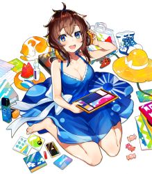 Rule 34 | 1girl, adjusting headphones, aqua eyes, bag, bare arms, bare shoulders, barefoot, blue dress, blue eyes, blush, bottle, bow, breasts, candy, candy wrapper, cat, cd case, cleavage, collarbone, commentary request, controller, dress, dress bow, food, fruit, full body, hair between eyes, hand up, hat, unworn hat, headphones, unworn headwear, highres, holding, holding notebook, looking at viewer, melon, melon slice, mika pikazo, notebook, open mouth, original, paper, shoes, unworn shoes, short hair, sidelocks, simple background, sitting, sleeveless, sleeveless dress, smile, solo, sun hat, tagme, teeth, upper teeth only, wariza, white background, white bag, white bow, white footwear