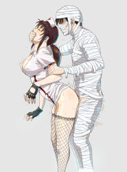 Rule 34 | 1boy, 1girl, alternate costume, azasuke, bandages, black lagoon, breasts, brown eyes, brown hair, cleavage, clothes lift, collared dress, covering another&#039;s mouth, dress, dress lift, fingerless gloves, fishnets, gagged, gloves, grey background, hand gagged, hand over another&#039;s mouth, hand over another's mouth, hand over mouth, hat, hetero, highres, jack-o&#039;-lantern, nurse, nurse cap, okajima rokuro, ponytail, revy (black lagoon), sex, sex from behind, shaded face, skirt, standing, standing sex, tagme, tattoo, thighhighs