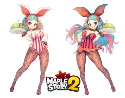 Rule 34 | 2girls, animal ears, blue hair, bracelet, breasts, candle, detached collar, fake animal ears, fire, food, jewelry, leotard, long hair, looking at viewer, maplestory, maplestory 2, medium breasts, multicolored hair, multiple girls, open mouth, pantyhose, pink eyes, pink hair, playboy bunny, rabbit ears, shoes, short hair, simple background, skirt, smile, spiked bracelet, spikes, striped, vanilla (maplestory2), vertical stripes, waitress, white background
