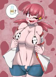 Rule 34 | 1girl, ?, animal print, bare legs, blueart hn, blush, bottle, cow print, creatures (company), curvy, game freak, gym leader, hair ornament, hairclip, highres, long hair, low twintails, milk bottle, navel, nintendo, one eye closed, open clothes, open mouth, open shirt, pink eyes, pink hair, pokemon, pokemon hgss, sexually suggestive, shiny skin, short shorts, short sleeves, shorts, simple background, slingshot swimsuit, smile, solo, speech bubble, swimsuit, swimsuit under clothes, twintails, undressing, whitney (pokemon), wide hips, wink