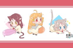 Rule 34 | 3girls, ?, ahoge, animal ears, blue eyes, blush, bow, bowtie, braid, buttons, cat ears, cat tail, chibi, clover hair ornament, double-breasted, drooling, food, fruit, grey hair, hair bow, hair ornament, hairclip, half updo, highres, instrument, kashikaze, kemonomimi mode, letterboxed, long hair, long sleeves, looking at viewer, looking back, love live!, love live! sunshine!!, mandarin orange, mouth drool, multiple girls, music, musical note, playing instrument, red eyes, red hair, red neckwear, sakurauchi riko, school uniform, serafuku, short hair, side braid, sitting, sparkle, tail, tail raised, takami chika, toy mouse, toy piano, uranohoshi school uniform, watanabe you, yellow bow, yellow eyes
