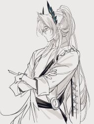 Rule 34 | 1boy, arknights, bespectacled, between fingers, braid, clock, closed mouth, coat, commentary, crossed arms, earrings, expressionless, french braid, from side, glasses, gloves, greyscale, head wings, highres, holding, holding pen, jewelry, long hair, looking ahead, male focus, monochrome, parted bangs, passenger (arknights), pen, pienahenggou, ponytail, profile, round eyewear, sash, simple background, sketch, sleeves rolled up, solo, spot color, symbol-only commentary, upper body, wings