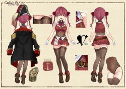 Rule 34 | 1girl, akasaai, anchor symbol, bare shoulders, belt, belt buckle, black coat, blouse, blush, breasts, brooch, brown footwear, brown thighhighs, buckle, character name, character sheet, cleavage, coat, commentary, covered navel, crop top, epaulettes, from behind, full body, gloves, hat, heterochromia, high heels, highres, hololive, houshou marine, houshou marine (1st costume), jewelry, large breasts, leotard, leotard under clothes, long hair, long sleeves, looking at viewer, miniskirt, multiple views, open mouth, pirate, pirate hat, red eyes, red hair, red shirt, red skirt, see-through, see-through cleavage, see-through leotard, shirt, skirt, sleeveless, standing, thighhighs, thighs, twintails, virtual youtuber, white gloves, yellow eyes, zettai ryouiki