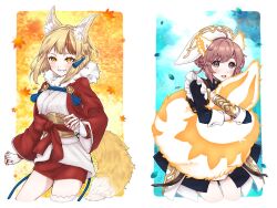 Rule 34 | 2girls, :d, animal ear fluff, animal ears, apron, black dress, blonde hair, brown eyes, brown hair, cowboy shot, dress, falling leaves, falling petals, fingerless gloves, fire emblem, fire emblem fates, fire emblem heroes, fox ears, fox girl, fox tail, fur collar, gloves, hair ornament, highres, hugging own tail, hugging tail, jacket, japanese clothes, kimono, leaf, long sleeves, looking at viewer, misato hao, multicolored hair, multiple girls, nintendo, open clothes, open jacket, open mouth, petals, ratatoskr (fire emblem), red jacket, red skirt, selkie (fire emblem), short hair, skirt, smile, squirrel ears, squirrel girl, squirrel tail, streaked hair, tail, teeth, white gloves, white headdress, white kimono, yellow eyes
