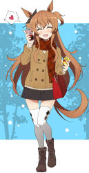 Rule 34 | 1girl, ^ ^, alternate costume, animal ears, bag, black skirt, blush, boots, brown footwear, brown hair, brown jacket, buttons, can, closed eyes, cross-laced footwear, double-breasted, facing viewer, full body, hand up, handbag, hands up, heart, highres, holding, holding can, horse ears, horse girl, horse tail, jacket, lace-up boots, long hair, long sleeves, mayano top gun (umamusume), nel-c, open mouth, scarf, shiruko (food), shoulder bag, skirt, smile, solo, spoken heart, sweater, tail, thighhighs, two side up, umamusume, walking