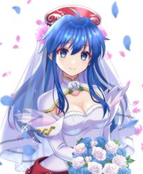 Rule 34 | 1girl, absurdres, blue eyes, blue hair, bouquet, breasts, bridal veil, bride, cleavage, closed mouth, collarbone, dress, elbow gloves, fire emblem, fire emblem: the binding blade, fire emblem heroes, flower, gloves, hair flower, hair ornament, highres, holding, holding bouquet, kakiko210, lilina (fire emblem), long hair, looking at viewer, medium breasts, nintendo, official alternate costume, petals, see-through, simple background, smile, solo, strapless, strapless dress, upper body, veil, wedding dress, white background, white dress, white flower, white gloves