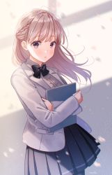 Rule 34 | 1girl, artist name, black bow, blazer, blonde hair, blush, bow, bowtie, braid, brown hair, collared shirt, commentary, crossed arms, floating hair, french braid, grey blazer, grey shirt, grey skirt, hair between eyes, hanako151, highres, holding, holding notepad, jacket, light particles, long hair, looking at viewer, notepad, original, pleated skirt, shirt, skirt, solo, swept bangs, symbol-only commentary
