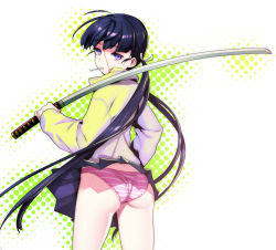 Rule 34 | 1girl, ahoge, ass, black hair, blue eyes, halftone, halftone background, jacket, kaida bola, katana, long hair, looking at viewer, looking back, mouth hold, over shoulder, panties, pantyshot, purple eyes, scar, skirt, solo, striped clothes, striped panties, sword, sword over shoulder, twintails, underwear, upskirt, very long hair, weapon, weapon over shoulder, wind, wind lift