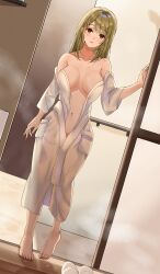 Rule 34 | 1girl, absurdres, after bathing, barefoot, bathrobe, breasts, brown eyes, brown hair, chinese commentary, collarbone, commentary request, commission, dutch angle, full body, hand up, highres, indoors, large breasts, long hair, looking at viewer, nakazawa kaori (moriya naoki), navel, open clothes, original, parted lips, second-party source, slippers, solo, standing, unique (pixiv12704744), wet