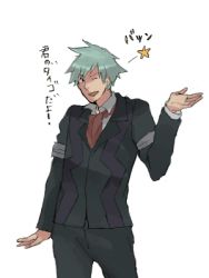 Rule 34 | 00s, 1boy, creatures (company), formal, game freak, lowres, male focus, nintendo, one eye closed, pokemon, pokemon rse, silver hair, simple background, solo, star (symbol), steven stone, suit, taoru (t kiji), translation request, white background, wink, wp3