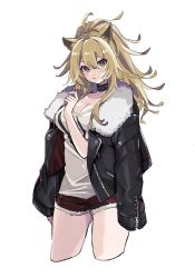 Rule 34 | 1girl, animal ears, arknights, black choker, black jacket, blonde hair, breasts, brown eyes, candy, choker, cleavage, commentary, cropped legs, cutoffs, food, fur-trimmed jacket, fur trim, hair between eyes, hand up, highres, holding, holding candy, holding food, holding lollipop, jacket, jacket on shoulders, large breasts, lion ears, lollipop, long hair, long sleeves, looking at viewer, red shorts, short shorts, shorts, siege (arknights), simple background, solo, standing, tank top, thighs, vegetable noda, white background, white tank top