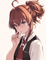 Rule 34 | 1girl, ahoge, arashi (kancolle), black vest, brown eyes, finger to mouth, hair intakes, kantai collection, looking at viewer, medium hair, necktie, parted lips, ponytail, red hair, red necktie, rokuwata tomoe, shirt, short sleeves, sidelocks, solo, uniform, vest, white shirt