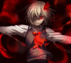 Rule 34 | 1girl, ascot, blonde hair, glowing, glowing eyes, grin, hair over one eye, hair ribbon, kikugetsu, looking at viewer, outstretched arms, red eyes, ribbon, rumia, shirt, smile, solo, touhou, upper body, vest