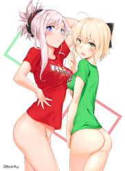 Rule 34 | 2girls, ahoge, alternate costume, arm behind head, arm up, ass, black bow, blonde hair, blue eyes, blush, bottomless, bow, breasts, closed mouth, clothes writing, cowboy shot, embarrassed, fate/grand order, fate (series), from behind, green shirt, groin, hair bow, looking at viewer, medium breasts, miyamoto musashi (fate), multiple girls, murio, okita souji (fate), okita souji (koha-ace), open mouth, pink hair, ponytail, red shirt, shirt, short hair, short hair with long locks, short sleeves, single sidelock, small breasts, standing, t-shirt, thighs, tsurime, twitter username, yellow eyes