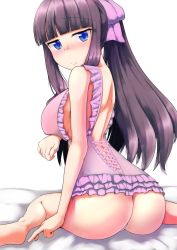 Rule 34 | 10s, 1girl, ass, bed, blue eyes, blush, breasts, brown hair, highres, large breasts, new game!, sitting, solo, takimoto hifumi