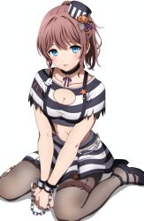 Rule 34 | 1girl, absurdres, ankle strap, bang dream!, belt, belt buckle, black collar, black footwear, black hat, black shirt, black skirt, blue eyes, breasts, brown belt, brown hair, brown pantyhose, buckle, chain, chained, chained wrists, cleavage, cleavage cutout, clothing cutout, collar, collarbone, colored skin, commentary, crop top, cuffs, full body, hair ornament, halloween costume, hat, high heels, highres, jack-o&#039;-lantern, jack-o&#039;-lantern hair ornament, light blush, looking at viewer, medium breasts, medium hair, midriff, mini hat, miniskirt, multicolored skin, neck ribbon, noshimurin, o-ring collar, official alternate costume, pantyhose, parted lips, ponytail, prison clothes, purple ribbon, revision, ribbon, shirt, short sleeves, sidelocks, simple background, sitting, skirt, solo, spoon, star tattoo, stomach tattoo, strappy heels, striped clothes, striped headwear, striped shirt, striped skirt, tattoo, thigh belt, thigh strap, tilted headwear, torn clothes, torn pantyhose, torn shirt, two-tone shirt, two-tone skin, v arms, wariza, white background, white shirt, white skirt, yamabuki saya