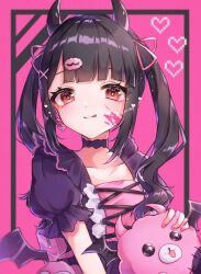 Rule 34 | 0623 zatta, 1girl, black hair, blunt bangs, blush, choker, closed mouth, collarbone, curly hair, demon horns, demon wings, denonbu, dress, earrings, frills, hair ornament, hair ribbon, hairclip, heart, heart earrings, highres, horns, jewelry, looking at viewer, paint splatter, pink eyes, pink nails, pomemori, puffy short sleeves, puffy sleeves, purple dress, reml, ribbon, short sleeves, smile, solo, stuffed toy, tongue, tongue out, twintails, winged bag, wings