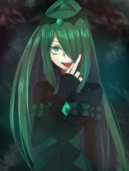 Rule 34 | 10s, 1girl, aoki shizumi, bad end march, bad end precure, bat wings, black bodysuit, bodysuit, dark persona, gem, green eyes, hair ornament, long hair, middle finger, ponytail, precure, skin tight, smile precure!, solo, tiara, tongue, tongue out, wings