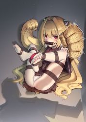 Rule 34 | 1girl, absurdres, arms behind back, barefoot, bdsm, blonde hair, bondage, bound, breasts, commission, dress, feet, gag, gagged, hair ornament, highres, kaddo, konjiki no yami, long hair, looking at viewer, red eyes, restrained, second-party source, soles, solo, thigh strap, to love-ru, to love-ru darkness, toe scrunch, toes, two side up, very long hair