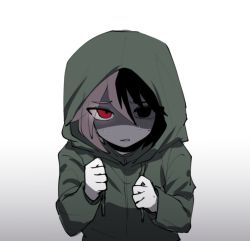 Rule 34 | 1boy, black eyes, black hair, clenched hands, gradient background, green jumpsuit, hands up, heterochromia, hood, hood up, hooded jacket, jacket, jumpsuit, long sleeves, multicolored hair, nanami izu, nu (qjqmfqjqmf02), pink hair, red eyes, saibou shinkyoku, scared, shaded face, short hair, solo, sweat, two-tone hair