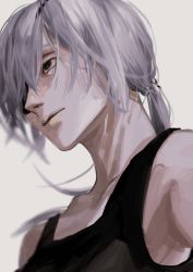 Rule 34 | 1girl, armpit peek, black tank top, breasts, chainsaw man, expressionless, eyepatch, grey hair, highres, juzoh13, long hair, looking to the side, medium breasts, ponytail, quanxi (chainsaw man), simple background, solo, tank top, white background