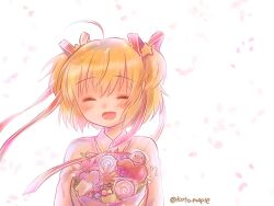 Rule 34 | 1girl, :d, ^ ^, ahoge, blonde hair, bloom, blush, bouquet, bow, candy, closed eyes, commentary request, facing viewer, falling petals, flower, food, hair between eyes, hair ribbon, happy, heart, holding, holding bouquet, kamikita komari, little busters!, lollipop, long ribbon, micchi (koto maple), open mouth, petals, pink bow, pink flower, red ribbon, ribbon, short hair, simple background, smile, solo, star (symbol), sweater, sweets, twitter username, two side up, upper body, white background, yellow sweater