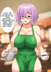 Rule 34 | 1girl, apron, blurry, blurry background, breasts, cleavage, coffee, coffee mug, cup, english text, fate/grand order, fate (series), glasses, green apron, highres, holding, holding cup, huge breasts, iced latte with breast milk (meme), large breasts, looking at viewer, mash kyrielight, meme, milk, mug, naked apron, no bra, no panties, open mouth, purple hair, short hair, sicamal, sideboob, smile, solo, speech bubble, thighs