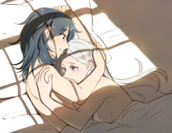 Rule 34 | 2girls, bare shoulders, bed sheet, blanket, blue hair, blush, breasts, byleth (female) (fire emblem), byleth (fire emblem), closed mouth, commentary request, couple, dark blue hair, edelgard von hresvelg, fire emblem, fire emblem: three houses, from above, from side, hand on another&#039;s head, hug, indoors, light, long hair, looking at another, lying, multiple girls, nintendo, nude, on side, pillow, riromomo, shadow, smile, white hair, yuri